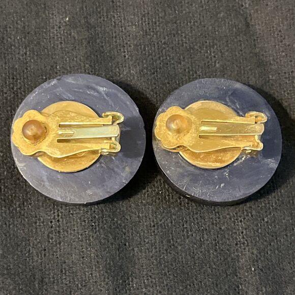 Unique Acrylic Button Clip On Earrings Black Red With Metal Stud Accents - Picture 4 of 6